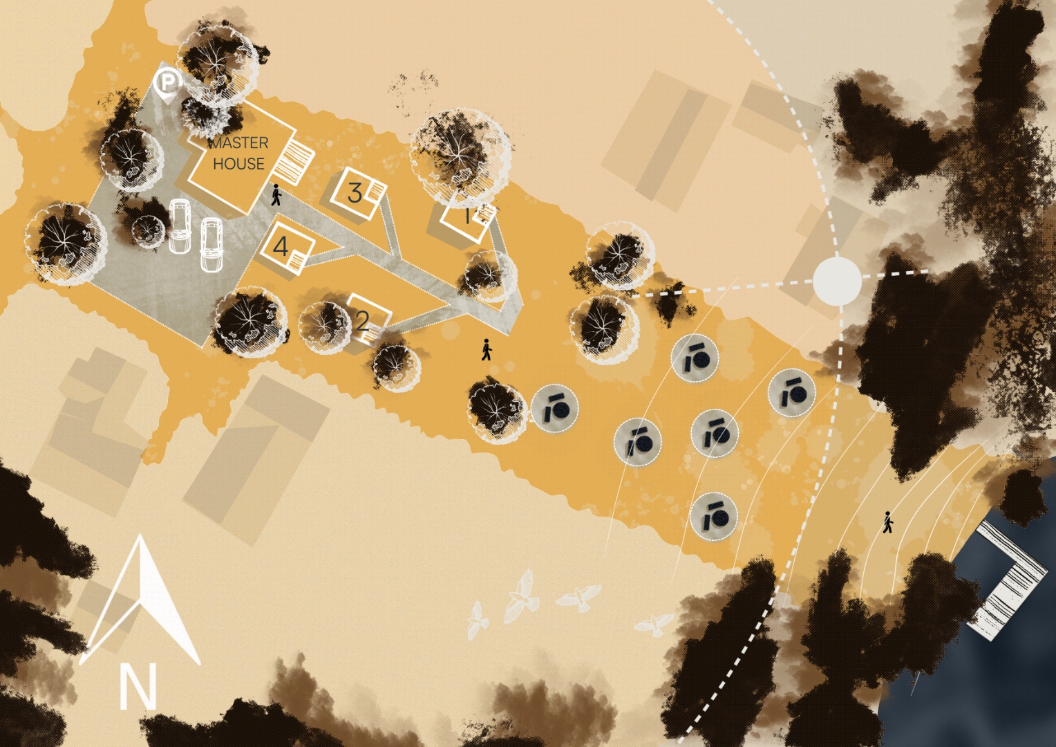Illustrated WILDFISHER property plan showing four cabins, the Master House, paths, parking and lakeside dock